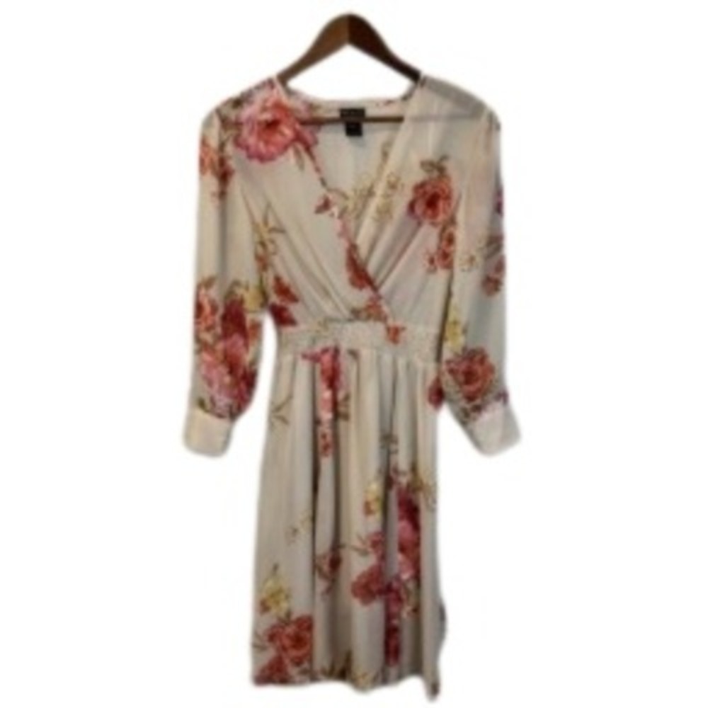 Kate & Lily‎ Tan Pink Floral Midi Dress Surplice V Neck Size 6 Petite